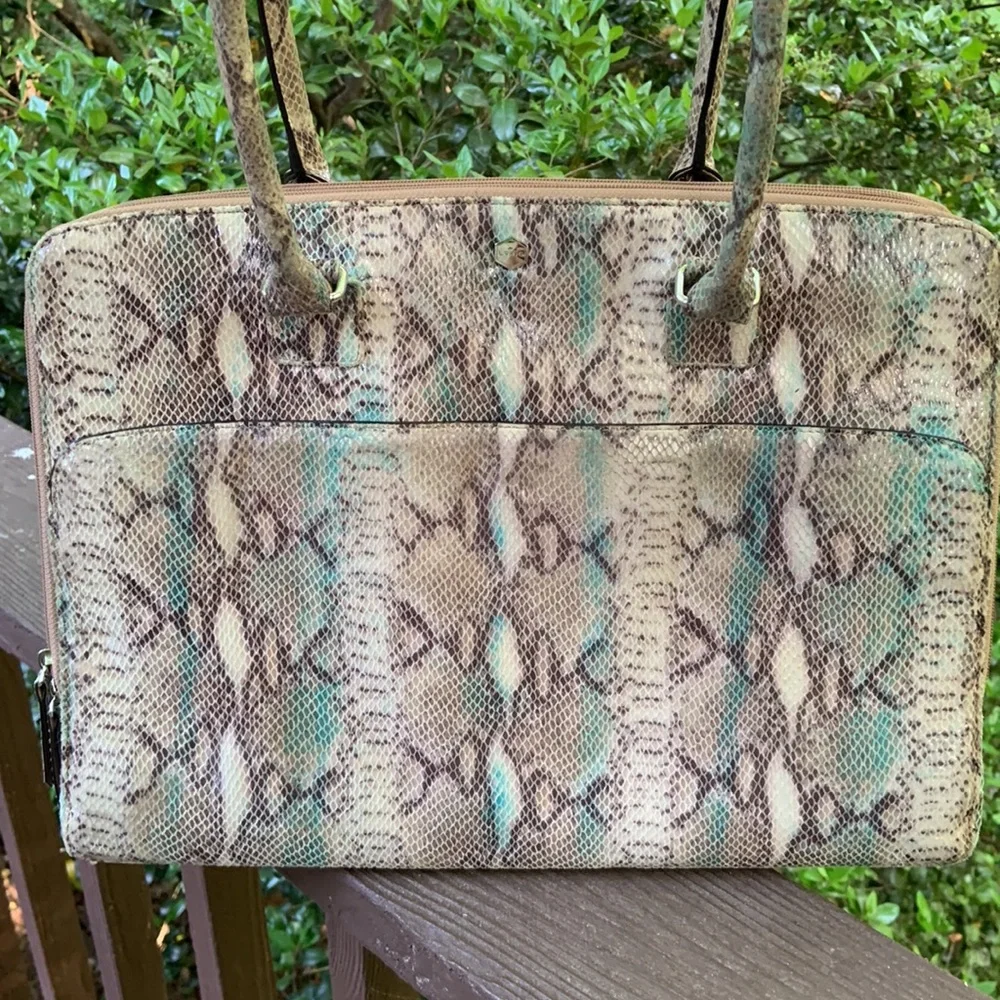 Lodis Snake-Print Laptop Bag in Cream, Brown & Teal